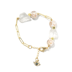 The Crown Chakra 6 Elementa: Clear Crystal, Mystic Ash Glaze & Evil Eye Charm Bracelet | Talisman of Resilience and Clarity