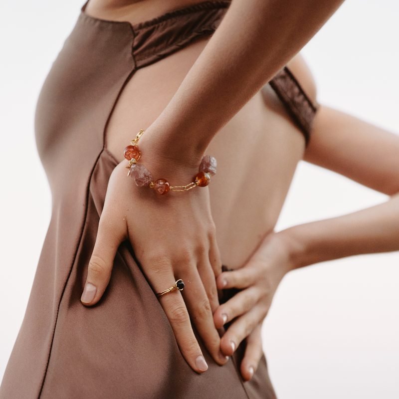 Elementa: Strawberry Quartz, Blessed Ash Glaze Beads & Sun Charm Bracelet | Talisman of Love and Charisma