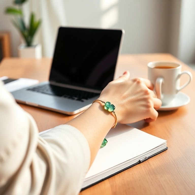 A focused person wearing a green fluorite bracelet for mental clarity while working at a desk.