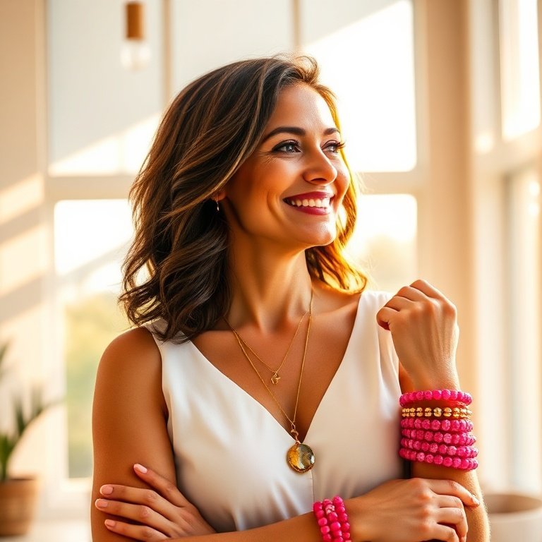 A confident woman wearing radiant sunstone and strawberry quartz jewelry for confidence and charisma.